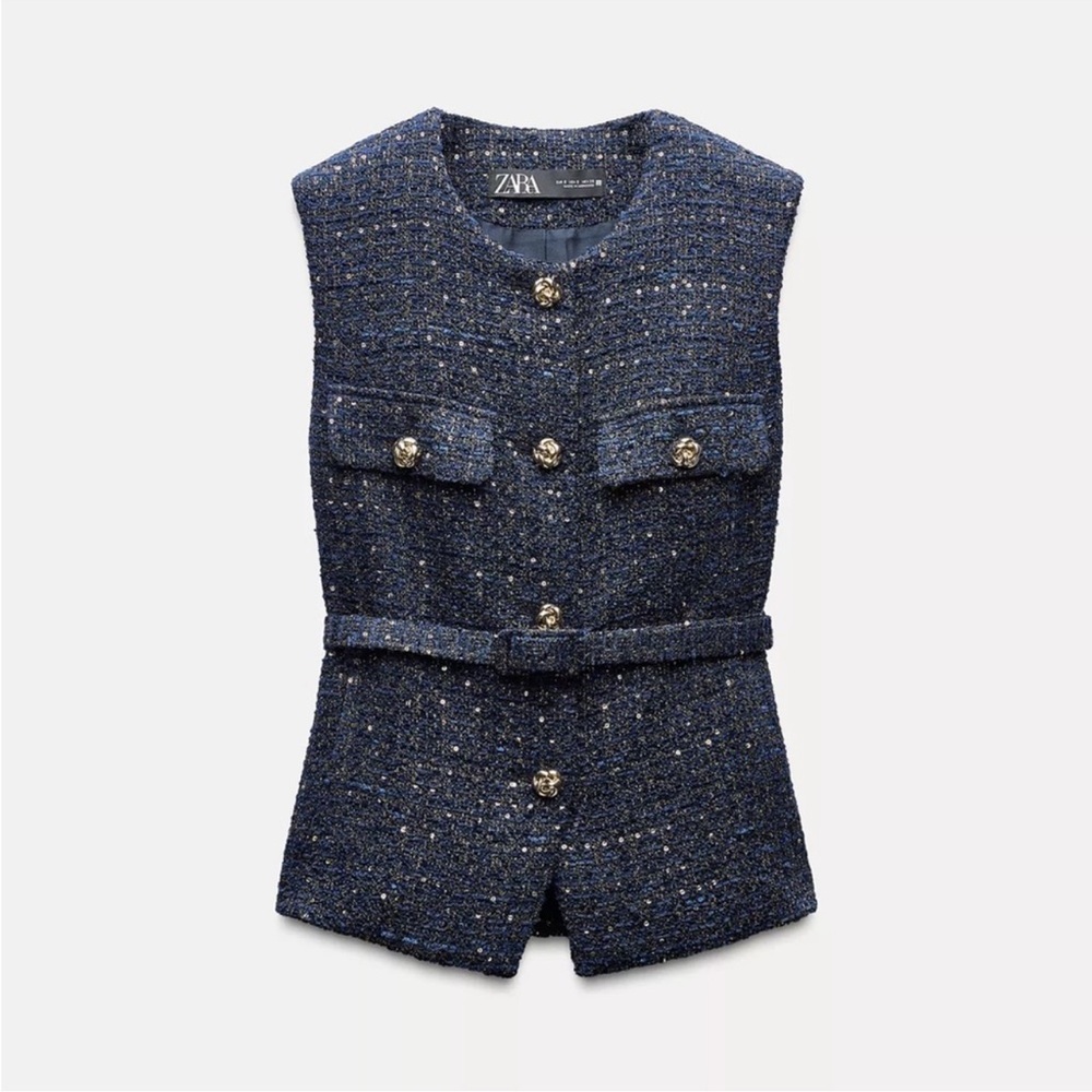 Zara Womens Vest Sz XS Blue Tweed Textured Waistcoat Belted Gold Button 9298/725
